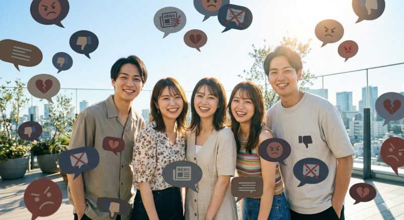 周囲に飛び交うSNSの吹き出しやネガティブな噂を気にせず、自信に満ちた笑顔で前を向く若者たち。