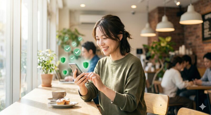 リラックスした笑顔でスマホを操作する女性。緑色のチェックマークと盾のアイコンで安全なサイト選びを表現。