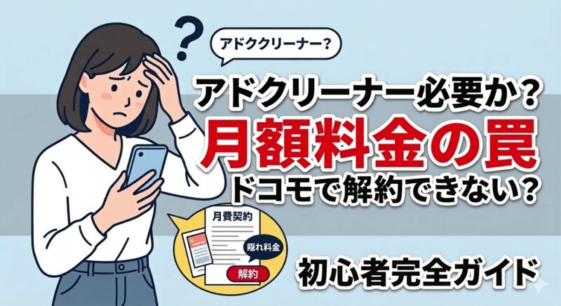 20代後半の日本人女性が困った表情でスマホの料金明細を見つめ、額に手を当てて疑問を抱く。頭上に「？」「アドクリーナー？」の吹き出しがあるフラットイラスト