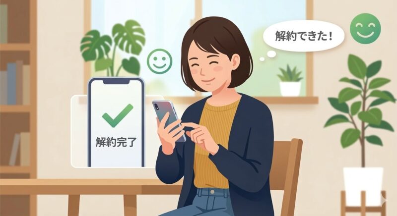 20代後半の日本人女性が安心した表情でスマホを操作。画面に緑のチェックと解約完了を示す表示。背景にスマイルアイコンと「解約できた！」の吹き出しがあるフラットイラスト