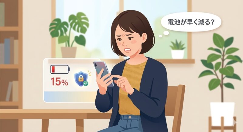 20代後半の日本人女性が困惑した表情でスマホ画面を見る。画面にはバッテリー15％と急速消耗アイコン、横にプライバシーアイコン。頭上に「電池が早く減る？」の吹き出しがあるフラットイラスト