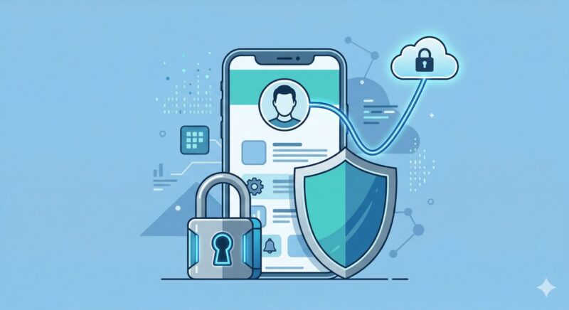 スマートフォンの情報連携とプライバシー保護を表す南京錠と盾のイラスト。