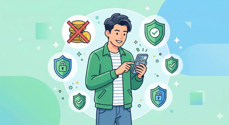 課金の心配なく、安心してスマホゲームを楽しむ男性のイラスト。