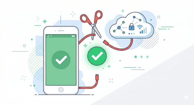 スマホアプリとの見えない連携データをハサミで確実に切断するイラスト。