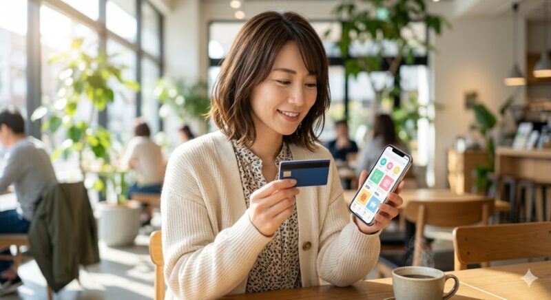 カフェでクレジットカードを片手に安心してスマホで買い物をする女性