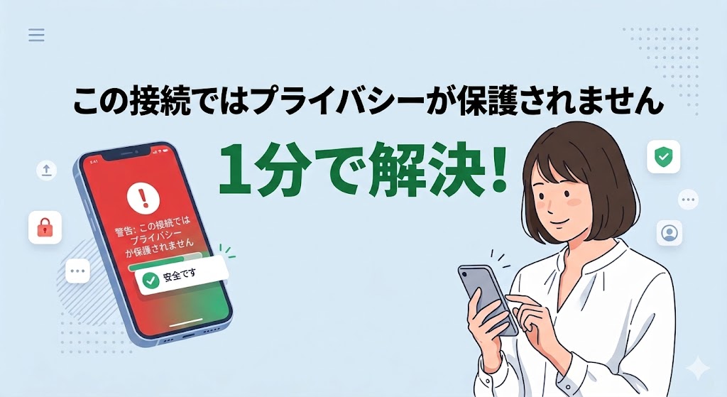 警告画面の「この接続ではプライバシーが保護されません」を1分で解決する手順の図解。スマホを持った安心した表情の日本人女性。