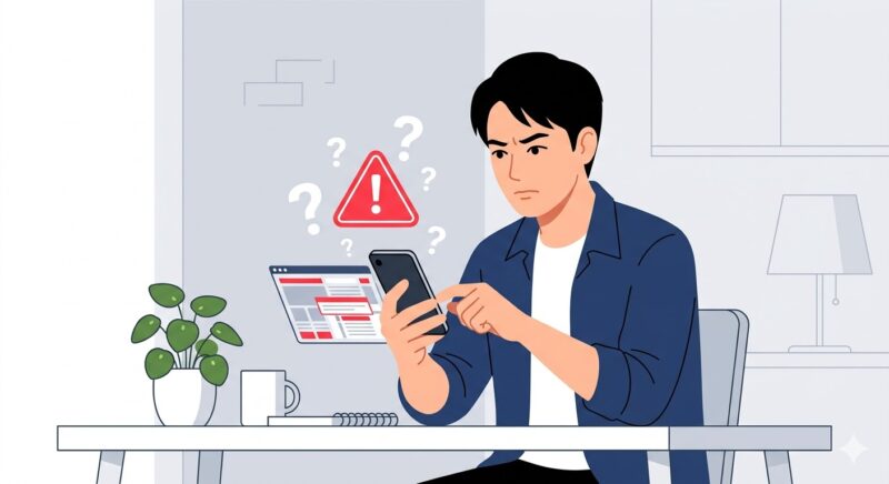 スマホの警告画面を見て原因を探っているイメージ
