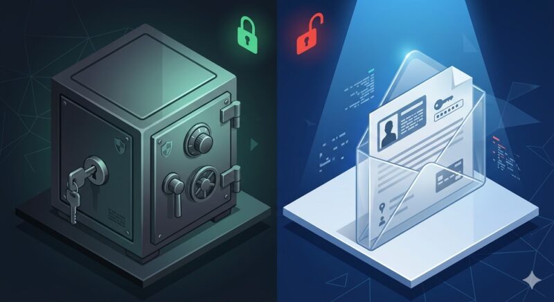 安全な接続（鍵付き金庫）と警告が出る接続（中身が透けて見える透明な封筒）の比較図