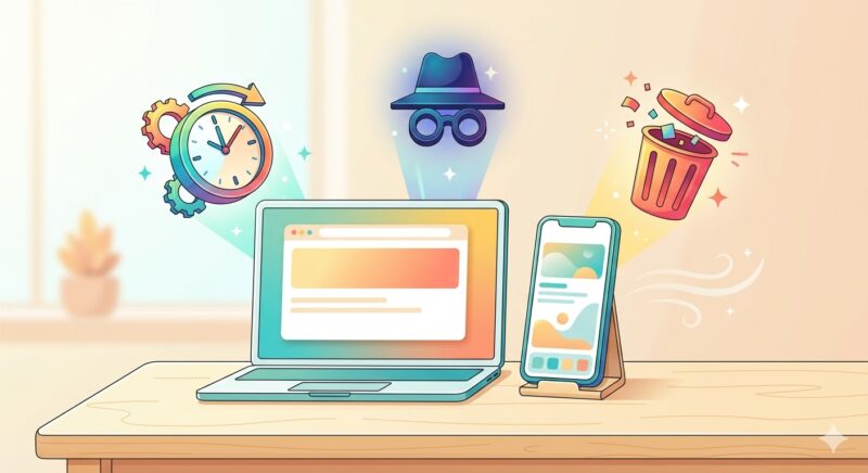スマホやPCでの時刻設定、シークレットモード、キャッシュ削除をイメージしたアイコン