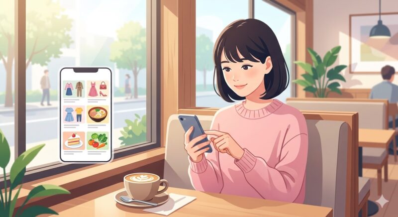 カフェでリラックスしながらPinterestでアイデア探しを楽しむ女性の様子。