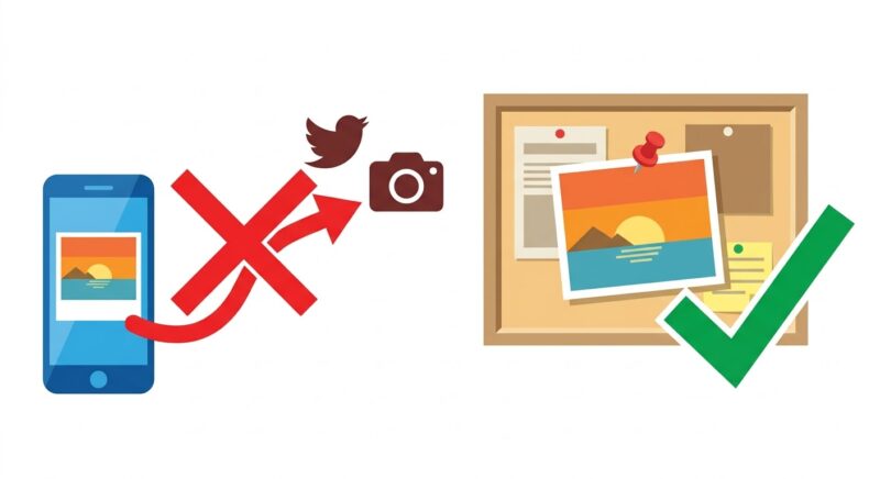 Pinterestの画像を他のSNSに無断転載するのはNG、アプリ内での保存はOKであることを示すイラスト。