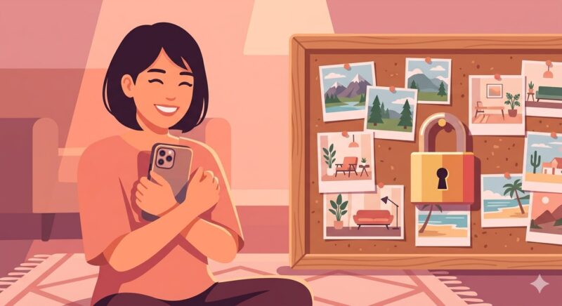 南京錠がかかった自分だけのシークレットボードと、安心してスマホを楽しむ女性のイラスト。