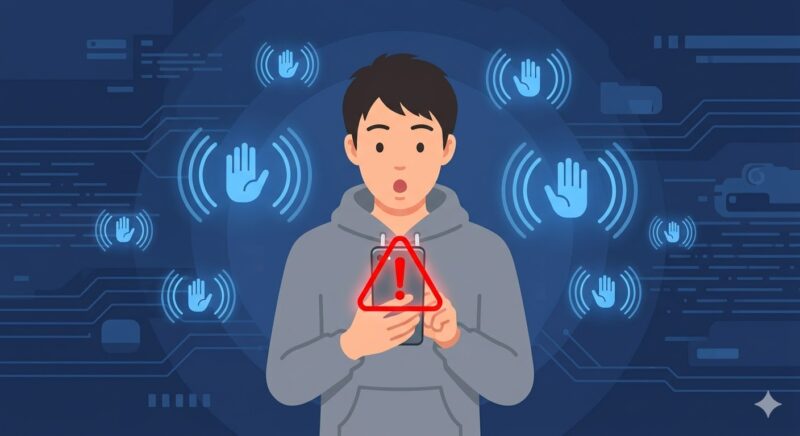 スマホの偽ウイルス警告画面を見て驚く男性のイラスト。焦らずに対処することが重要。