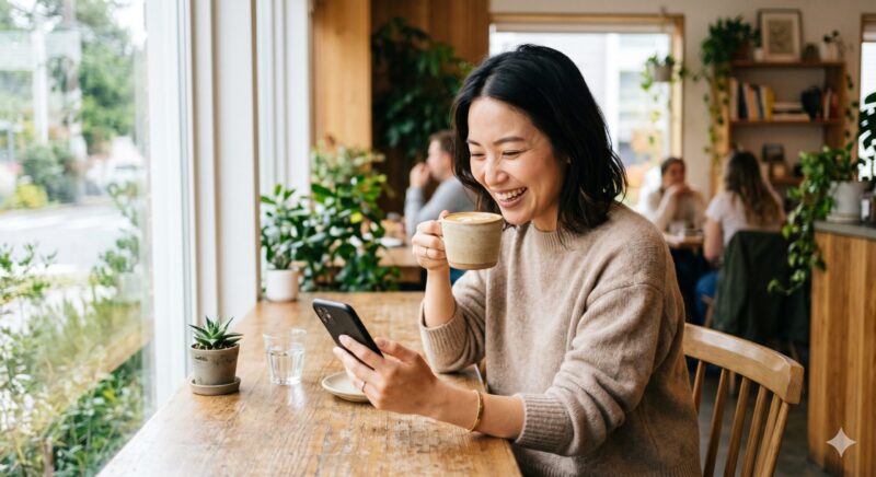 通勤や昼休みのスキマ時間に、カフェでリラックスしながらポイ活アプリを楽しむ女性
