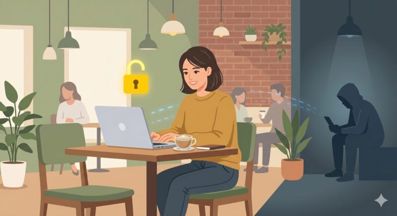 セキュリティ保護なしの無料Wi-Fiで個人情報を盗み見られる危険性のイメージ