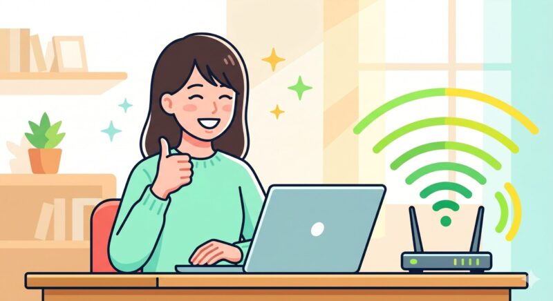 インターネット接続のトラブルが解決し安心してパソコンを使う様子