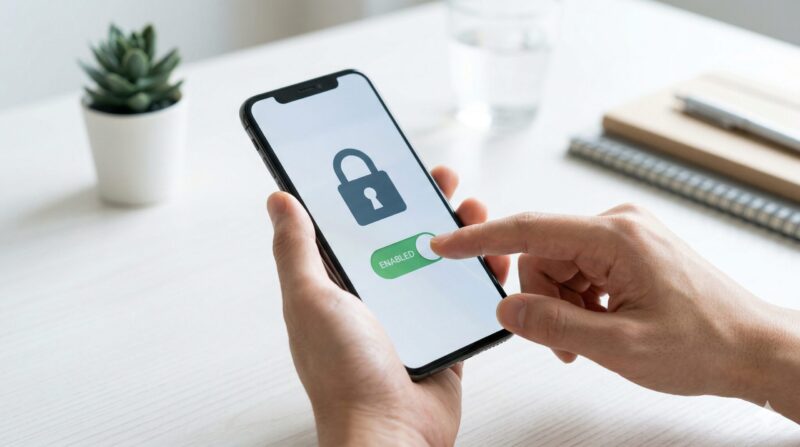 スマートフォンの画面でセキュリティのトグルスイッチやアクセス権限を設定している手元の様子。