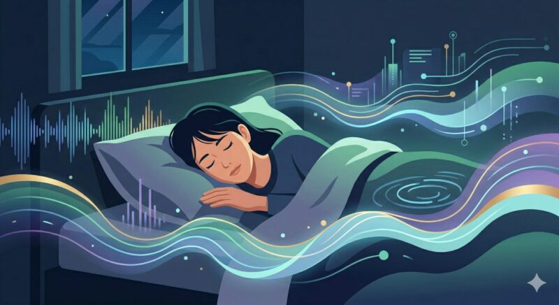 AI技術による特殊な音波に包まれて、ベッドで深く心地よく眠っている人のイラスト。