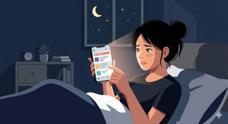 薄暗い寝室で、スマートフォンの画面を見て不安そうな表情を浮かべる女性のイラスト。
