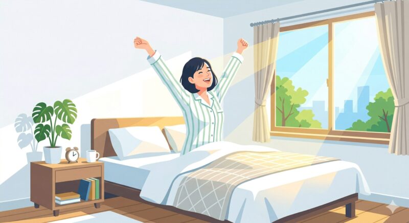 睡眠アプリを安全に活用し、朝の明るい日差しのなかでスッキリと笑顔で目覚める人のイラスト。