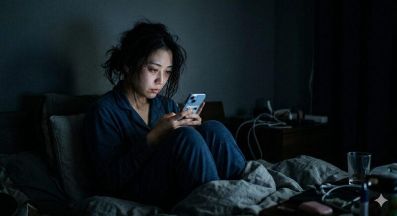 夜の暗い部屋で一人、疲れた表情でスマートフォンの画面を見つめ続ける女性