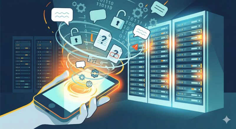 スマートフォンから入力されたデータが、巨大なサーバーやデータベースへと送信されていくイメージ図