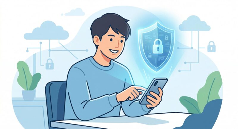 スマホの前にセキュリティの盾が浮かび上がり、安全にアプリを操作している様子