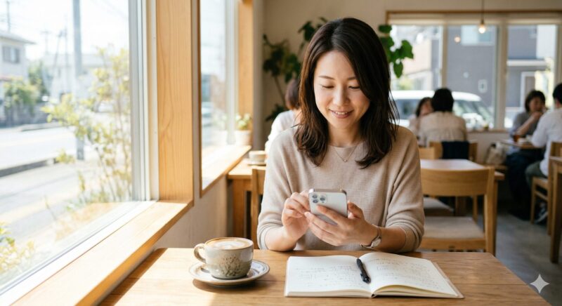 明るいカフェでリラックスしながらスマートフォンを使い、思考を整理している女性