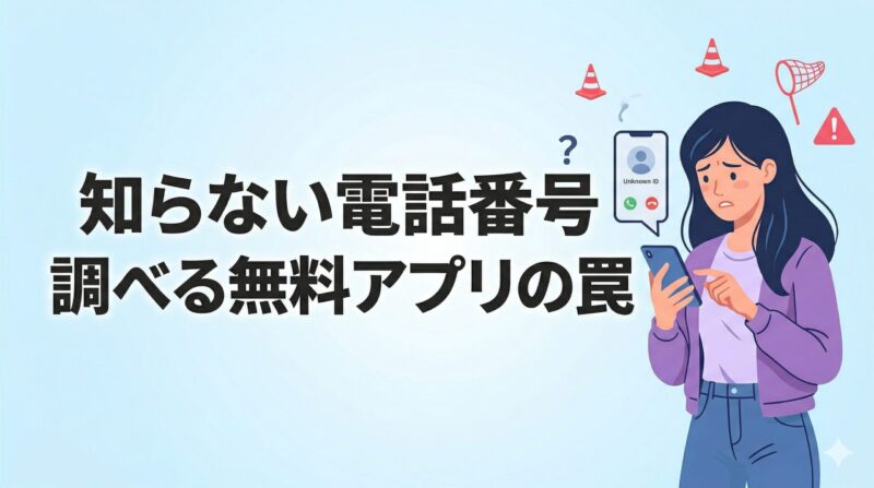 知らない電話番号を調べる無料アプリの罠と安全設定について解説する記事のアイキャッチ画像。スマホを見て悩む女性のイラスト。