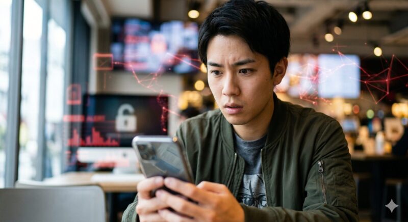 悪質なアプリによる電話帳データ抜き取りやプライバシー流出の危険性に驚く男性のイメージ。