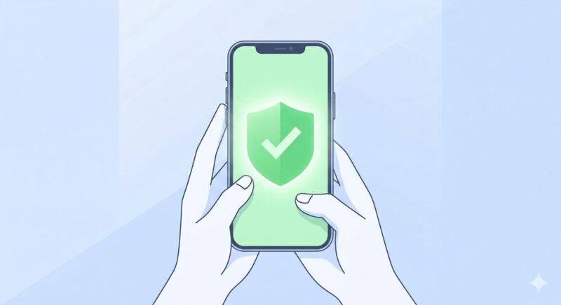 アプリの権限設定を正しく行い、スマートフォンのセキュリティが守られている安心感を表す盾のアイコンのイメージ。