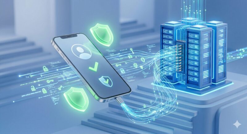 スマートフォンが膨大な電話番号データベースと瞬時に通信し、相手を識別する仕組みのイメージ図。