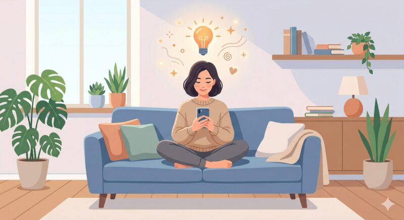 AwarefyのAI（ファイさん）との対話を通じて、自分の思考のクセに気づくヒントを得ている体験イメージ。