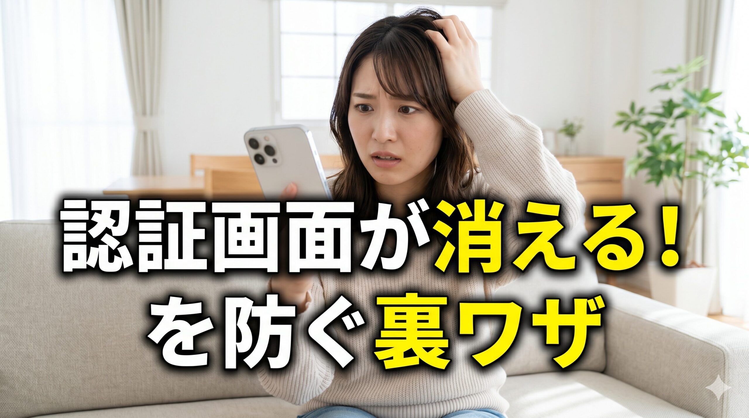 スマホの認証画面が消えて焦る女性と、「認証画面が消える！を防ぐ裏ワザ」の文字
