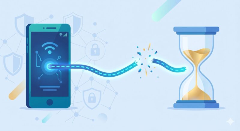 スマホの通信が時間経過によって途切れるセッションタイムアウトのイメージ図