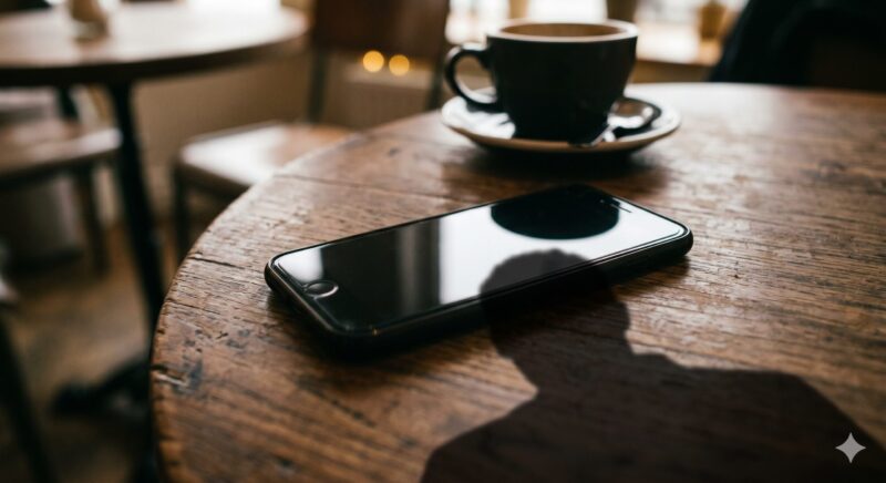 カフェのテーブルに置かれたスマホの画面が背後から覗き見されているリスクのイメージ