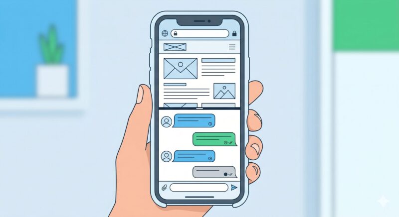 スマートフォンの画面が上下に分割され、2つのアプリが同時表示されているマルチウィンドウのイメージ