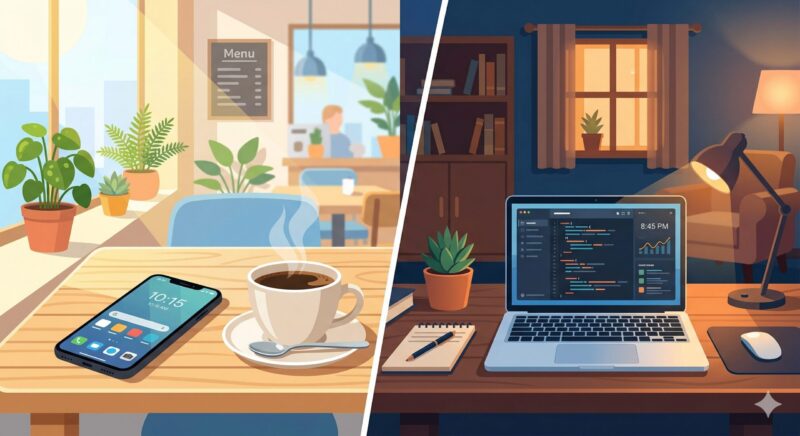 外出先で使うスマホ版と自宅で使うPC版の利用シーン比較