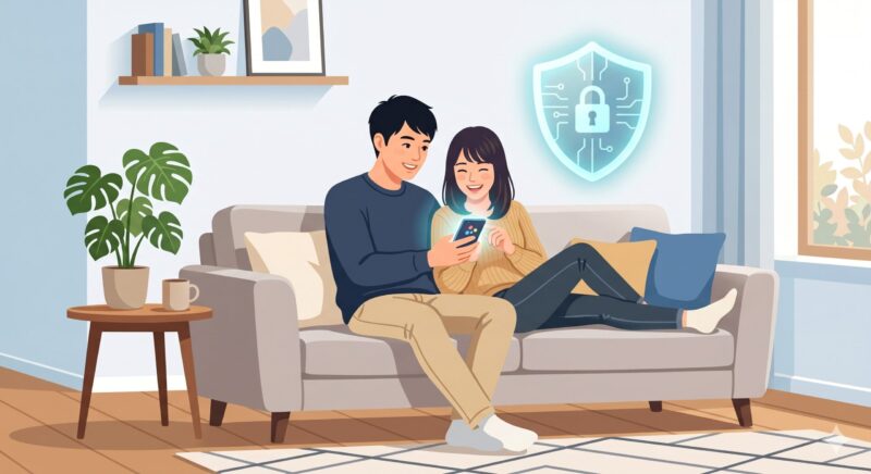 詐欺メールの不安から解放され、強固なセキュリティ設定で安全・快適にスマートフォンを利用する様子