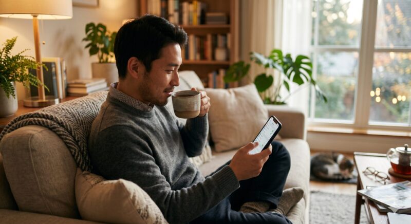 自宅の安全な環境で落ち着いてスマホを設定する男性