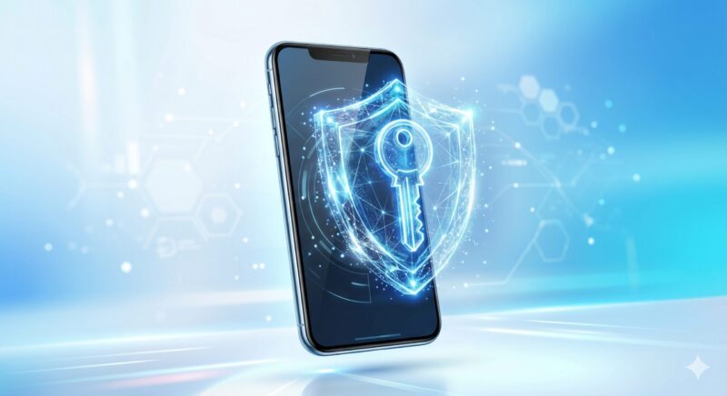 スマホを乗っ取りから守る盾と鍵のセキュリティイメージ