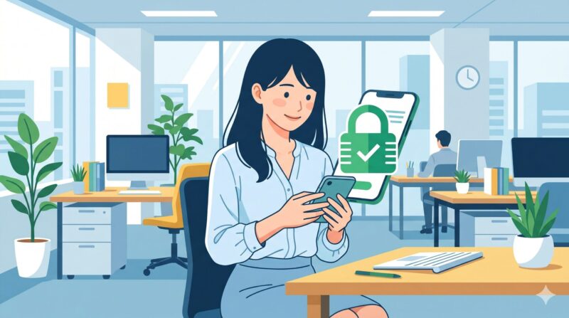セキュリティが守られたスマホを安心した表情で見つめる日本人女性のイラスト