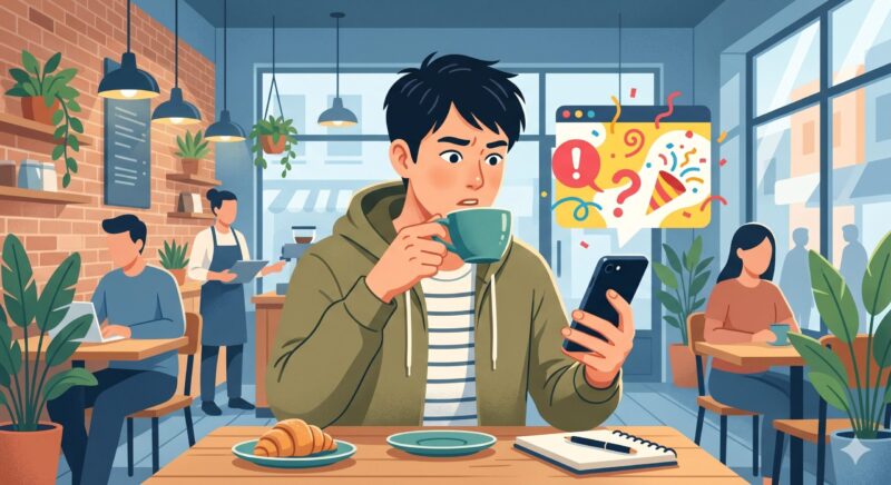 カフェでスマホ学習中にポップアップが出て少し困惑している男性のイラスト