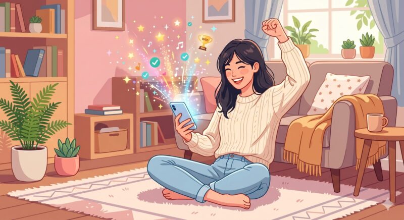 リラックスした空間で快適にスマホ学習を進め、笑顔でガッツポーズをする女性のイラスト