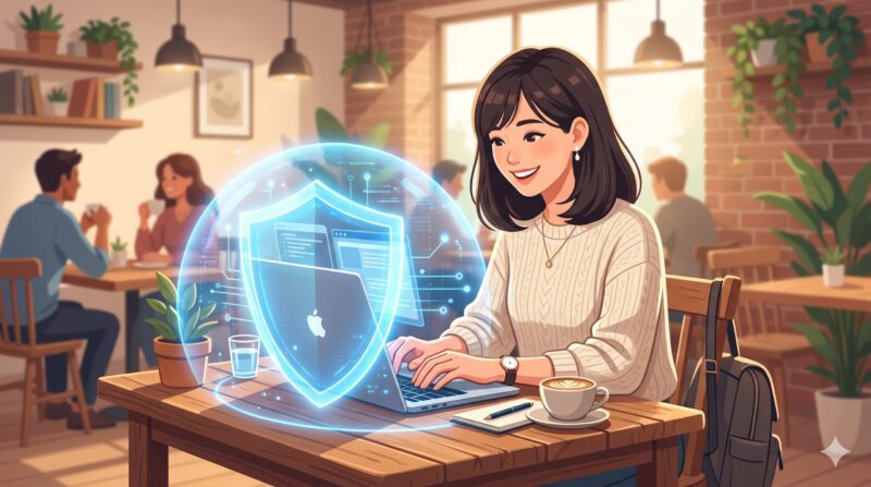 カフェで安全な通信環境（VPN）に守られながらパソコン作業をする女性