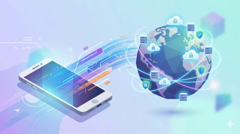 スマホから海外のサーバーへデジタルデータが送信されるイメージイラスト