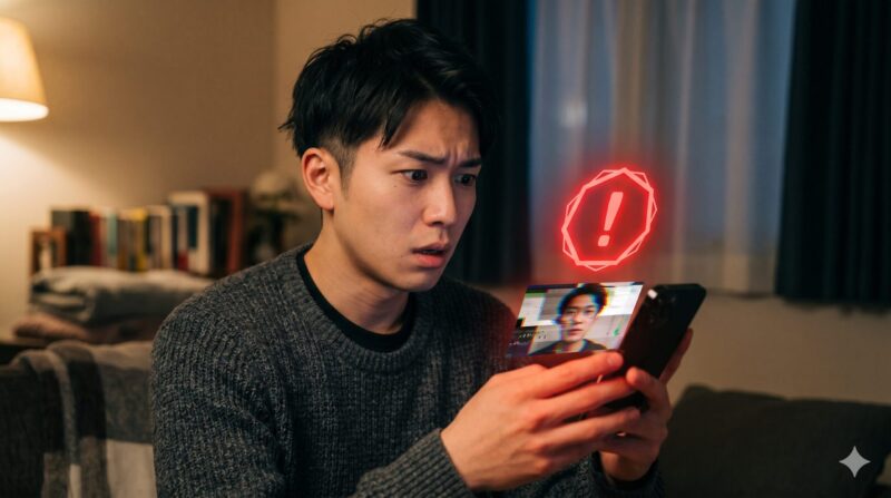 スマートフォンでAIの危険な利用例や警告表示を見て驚く男性