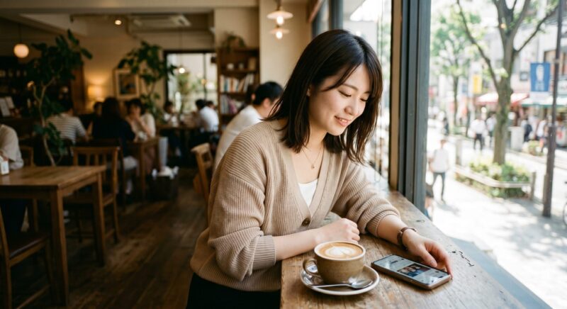 カフェでリラックスしながら一人でRetroを日記として楽しむ女性