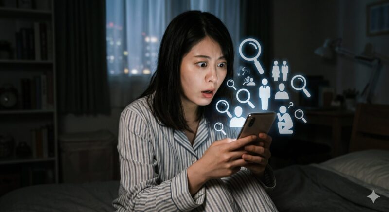 スマホの初期設定でフルネームが公開される危険性に気づき驚く女性