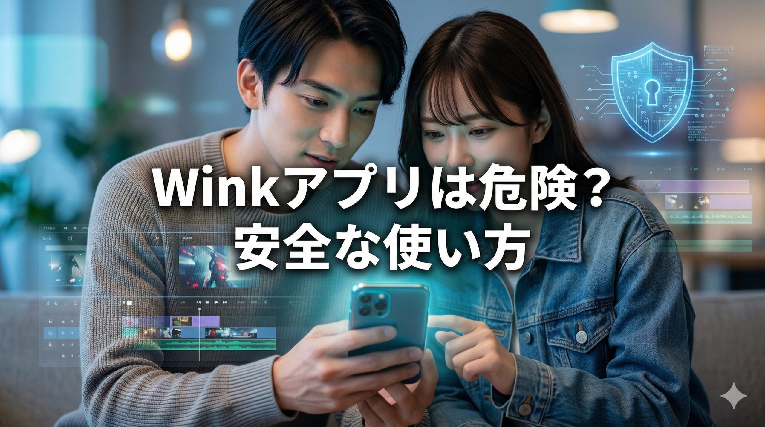Winkアプリの危険性と安全な使い方を解説する記事のアイキャッチ画像。スマホを見る20代男女とセキュリティの盾アイコン。